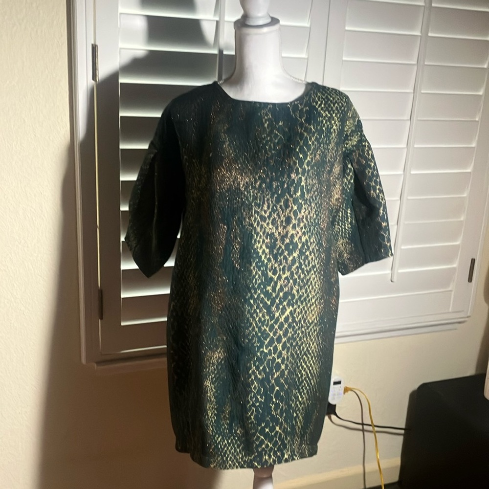 💚👗Eve Gravel Green Tunic Top/Dress With Metalic Gold & Green Threads Size S